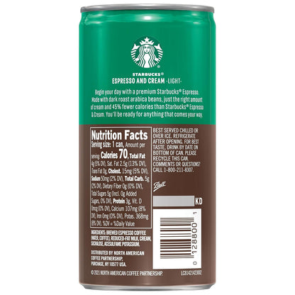 Starbucks Ready to Drink Coffee, Espresso & Cream Light, 6.5oz Cans (12 Pack)