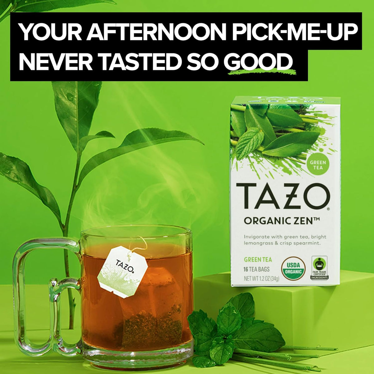 Tazo Organic Zen Green Tea, Green Tea Zen for Health and Wellness, 96 Total Tea Bags (16ct - Pack of 6)