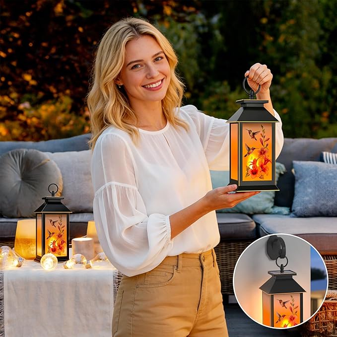 2 Pack Hanging Solar Lanterns, Hummingbird Flame Lantern, Outdoor Waterproof Upgraded Solar and 2 AA Batteries Powered, for Outside Porch, Patio and Indoor Tables, Mantelpiece.