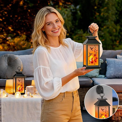 2 Pack Hanging Solar Lanterns, Hummingbird Flame Lantern, Outdoor Waterproof Upgraded Solar and 2 AA Batteries Powered, for Outside Porch, Patio and Indoor Tables, Mantelpiece.