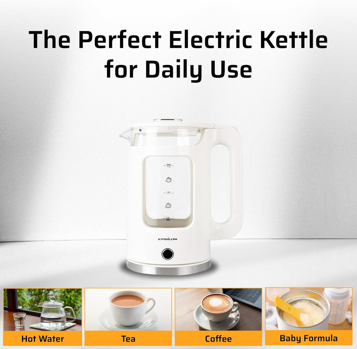 Epsilon 1.7L Glass Electric Kettle – Hot Water Tea Kettle with LED Light, Stainless Steel & Borosilicate Glass, Auto Shut-Off