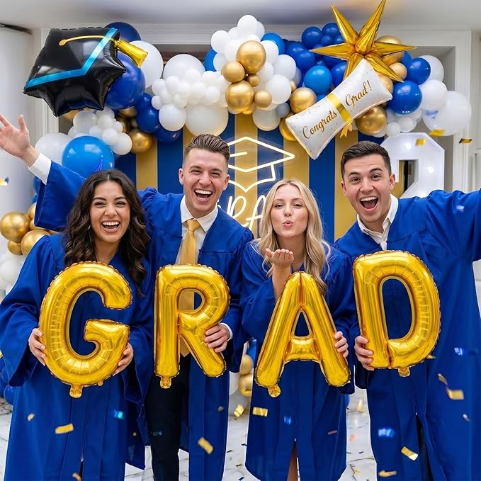 138Pcs Graduation Balloon Garland Arch Kit Blue and Gold - Class of 2026 Decorations with GRAD Foil Balloons, Cap and Diploma Balloons for College High School Graduation Prom Party Supplies
