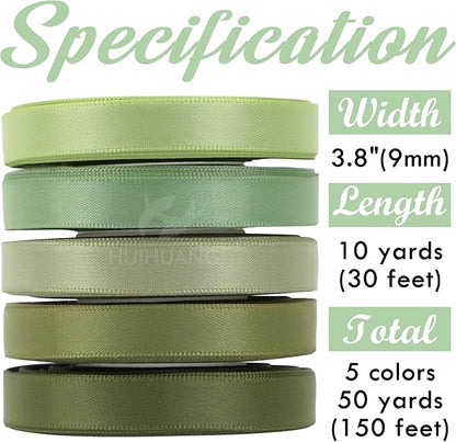 HUIHUANG Sage Green Satin Ribbon 3/8 inch x 50 Yards, Sage/Moss/Light Green/Dusty Sage Satin Assorted Ribbons for Gift Wrapping Bridal Baby Shower Decor Floral Bouquet DIY Crafts