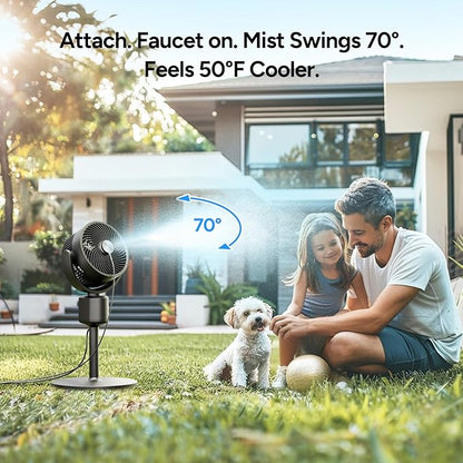 DR.PREPARE Compact Misting Pedestal Fan with Magnetic Mister, Quiet Air Circulator Standing Fan, 16-34" Adj. Height, 70°Auto-Oscillation, 90° Up+10° Down Tilt, 3 Speeds for Small‑Medium Patio Backyard