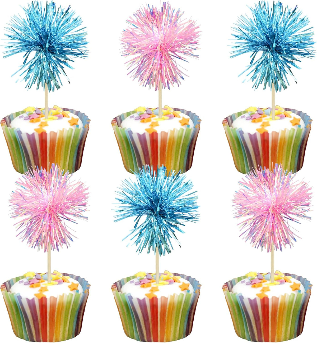 Gyufise 30Pcs Foil Firework Cupcake Toppers Sparkle Tinsel Cake Toppers Tinsel Drink Cake Decoration Cocktail Picks for Birthday Wedding Graduation Party Supplies Light Blue Pink