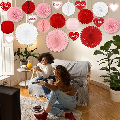 22pcs Valentines Day Party Decorations – Red Pink Paper Fans, Honeycomb Hanging, Tissue Pom Poms Kit for Classroom, Office, Birthday, Galentines Ceiling Decor