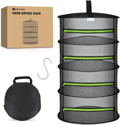 Yesker 4 Layer Herb Drying Rack Hanging Mesh Net Foldable Plant Drying Racks 24" Diameter with Green Zipper & Hook Dryer Hanging Rack for Herbs Seed Bud Fruit Clothes Grow Tent Closets Garden Outdoor