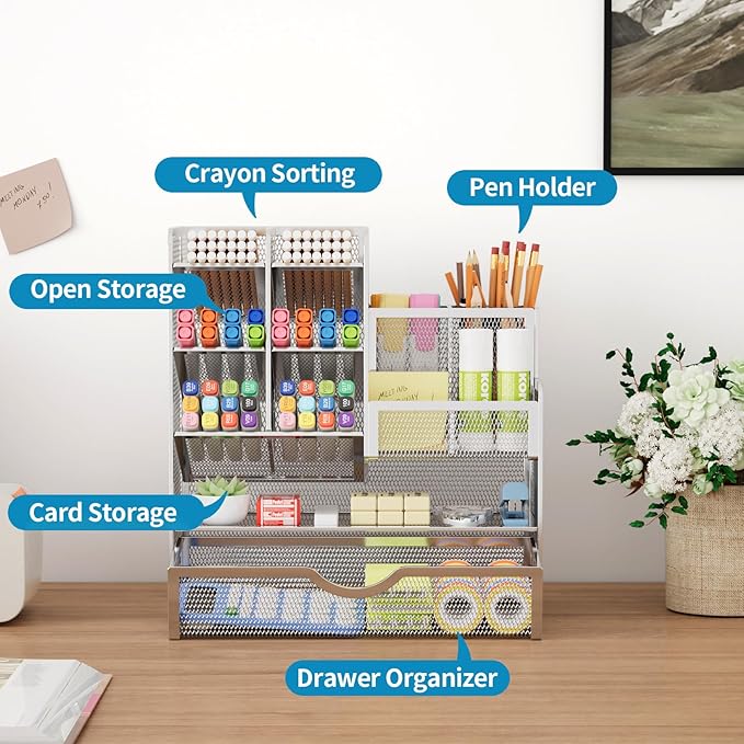 Marbrasse Mesh Pen Holder for Desk, Pen Organizer with Drawer, Multi-Functional Pencil Organizer, Desk Organizers and Accessories for Office Art Supplies (Silver)