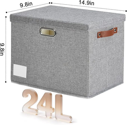 15" Large Collapsible Storage Bins with Lids, Stackable Closet Organizers with PU Handle and Labels, 3-Pack Decorative Fabric Storage Boxes for Home, Bedroom, Closet, Office, Nursery(Gray)