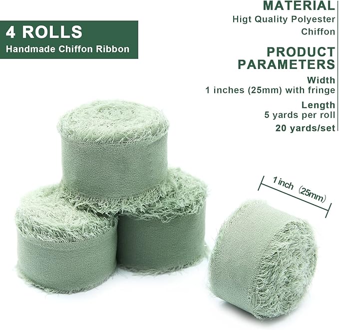 4 Rolls Sage Green Handmade Fringe Chiffon Silk Ribbon 1" W x 5Yd Per Roll,Frayed Edges Ribbon Set for Gifts Wrapping,Wedding Invitations,Bouquets,DIY Crafts (1" x20Yd, Sage Green)