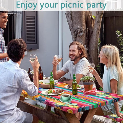 Mexican Fiesta Picnic Table Cover with Bench Covers, Cinco de Mayo Fiesta Waterproof Windproof, Camping Essentials, Fitted Tablecloth Cover with Elastic Edge, for Garden & Outdoor, 3 PCS, 30x60 Inch