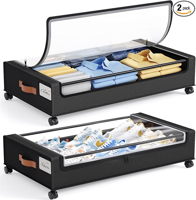 Yecaye 60L Under Bed Storage with Wheels, 2 Pack Under Bed Storage Containers, Underbed Shoe Storage with Clear Window & Label, Rolling Under Bed Metal Drawer for Clothes, Shoes, Books, Black