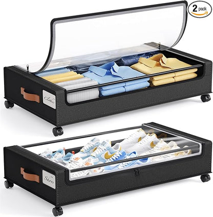 Yecaye 60L Under Bed Storage with Wheels, 2 Pack Under Bed Storage Containers, Underbed Shoe Storage with Clear Window & Label, Rolling Under Bed Metal Drawer for Clothes, Shoes, Books, Black