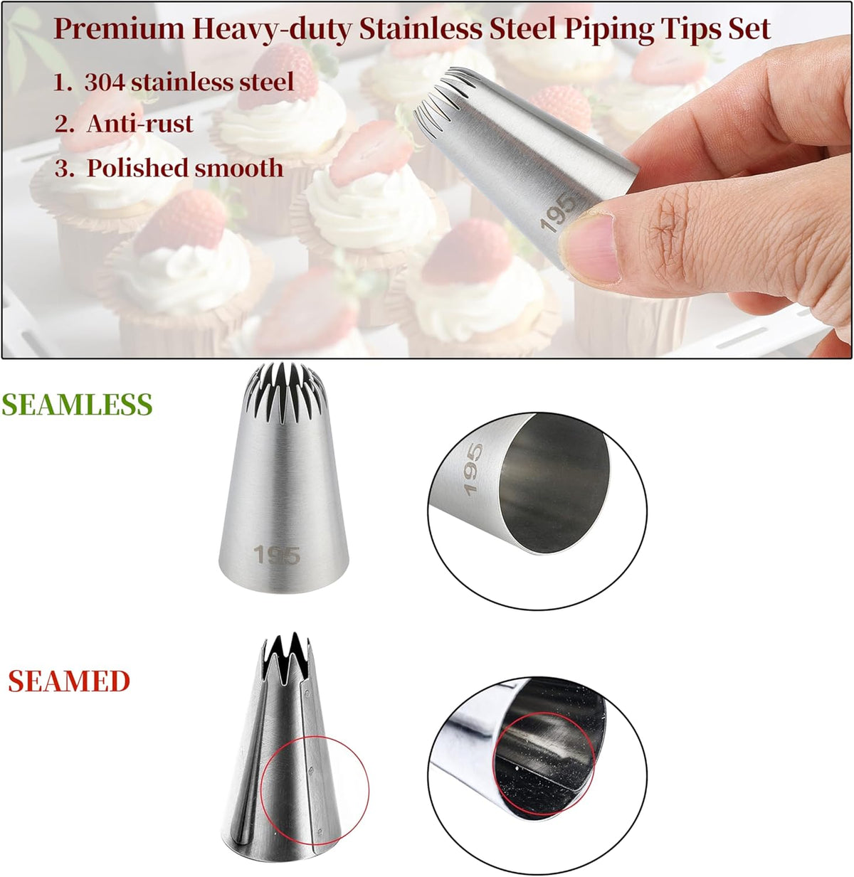 5PCS Large Piping Tips Set, Cokuma Stainless Steel Cake Decorating Tips, Frosting Icing Tips for Cupcakes, Cake