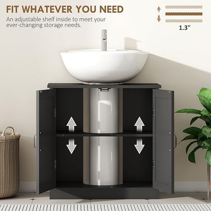 kleankin Pedestal Sink Storage Cabinet, Under Sink Cabinet with 2 Doors and Adjustable Shelf, Bathroom Vanity with U-Shape Cut-Out, Black