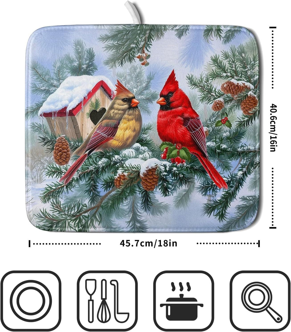 Winter Red Cardinal Bird Dish Drying Mat for Kitchen Counter,Holly Berry Branches Xmas Snowflake Cabin Drying Mat 16 x 18 Inch with High Absorbent