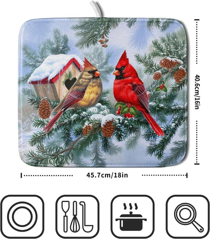 Winter Red Cardinal Bird Dish Drying Mat for Kitchen Counter,Holly Berry Branches Xmas Snowflake Cabin Drying Mat 16 x 18 Inch with High Absorbent