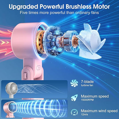 WHATOOK Portable Handheld Turbo Fan: 12m/s Strong Wind Mini Fan for Makeup & Lash, 4000mAh Battery Operated Rechargeable Personal Fan with LED Display, 3 in 1 Foldable Small Fan for Concerts, (Pink)