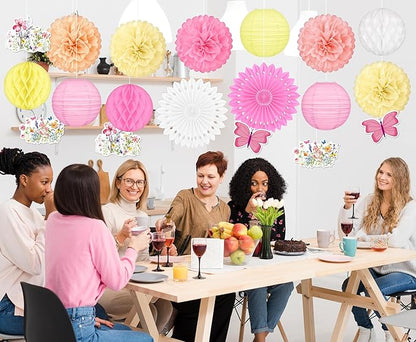 20pcs Spring Wildflower Party Decorations – Hanging Paper Fans, Pom Poms, Lanterns for Fairy Birthday, Garden Tea Party, Wedding Floral Decor, Baby in Bloom Shower