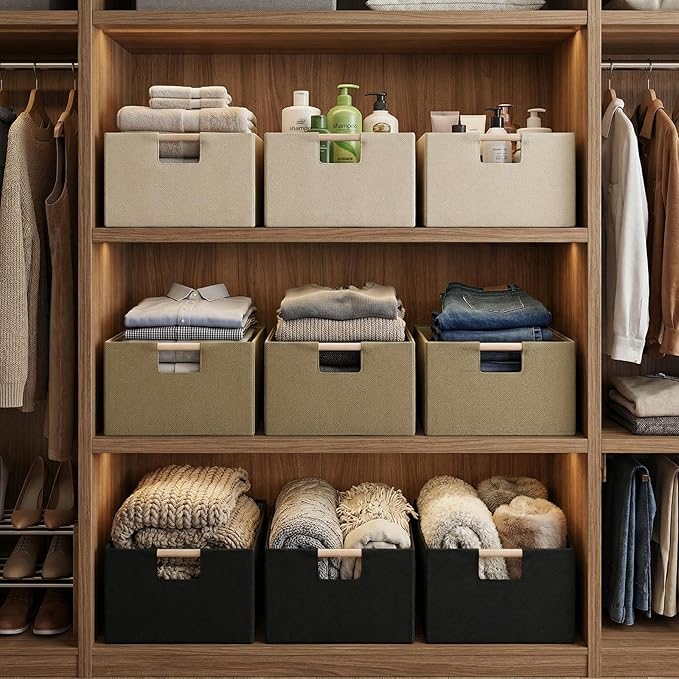 Foldable Fabric Storage Baskets Set of 2 for Shelves, Linen Decorative Storage Bins with Wooden Handles, Small Organizer Cubes for Closet, Rectangle Canvas Boxes for Organizing, Decor (Beige 2 Pack)