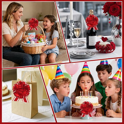 24pcs Red Pull Bow for Gift Basket Wrapping Xmas Gift Bows Presents Adhesive Wrap Ribbon Bow for Christmas Tree Bottles Bouquet Flower Valentine's Day Party Decor (Red-G)