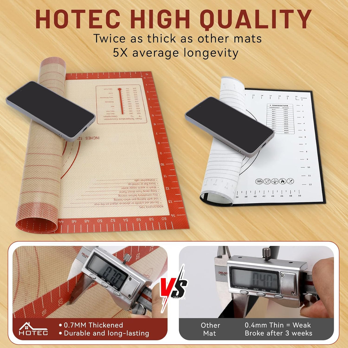 Hotec Silicone Baking Mat - 26x16 Thickened Pastry Dough Mat with Measurement Non-Stick For Dough Rolling, Bread, Oven Liner, Kitchen Counter