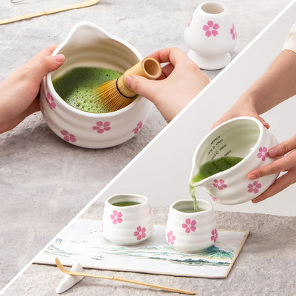 2pcs Matcha Bowl with Whisk Holder, Ceramic Cherry Blossom Matcha Bowl with Spout, 16.5OZ Porcelain Bowl with Measurement Marks