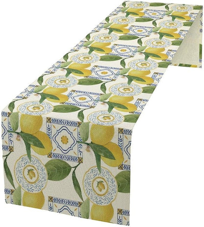 Tiles Lemon Table Runner, Watercolor Italian Tile Floral Plant Print Table Runner for Farmhouse Coffee Home Kitchen Dining Outdoor Party 13x70in