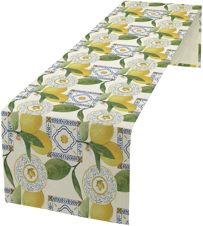 Tiles Lemon Table Runner, Watercolor Italian Tile Floral Plant Print Table Runner for Farmhouse Coffee Home Kitchen Dining Outdoor Party 13x36in