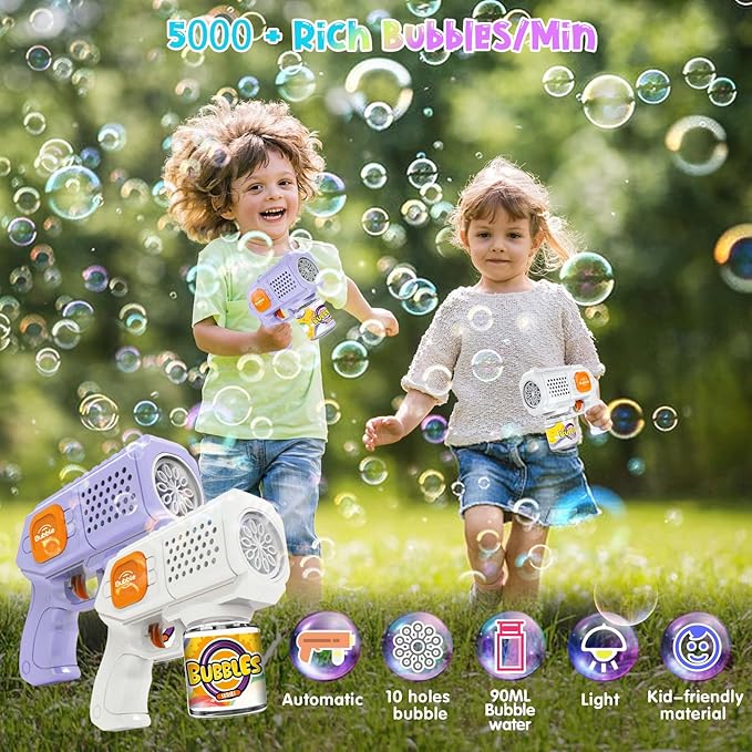 PANACARE 2 Packs Bubble Gun for Kids Automatic bubbele Maker with 10 Holes/Lighting/10000+Bubbles/Min Portable Bubble Machine with Bubble Solution Best Toy Gifts for Birthday/Party/Wedding