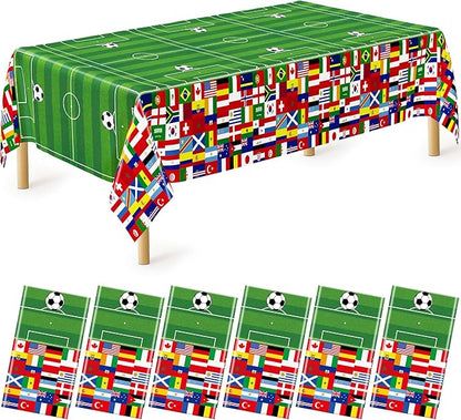 6 Pcs Soccer Tablecloths for Birthday Party Decorations 54 X 108 Inch, Disposable Plastic Table Cover, 2026 Around the World Flags Green Rectangle Tableware Set for Sports Theme Game Party Supplies