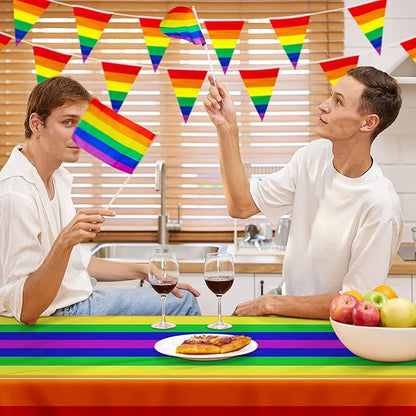 QZYL 4 PCS Pride Decorations, 108 x 54 Inches Disposable Tablecloth, Plastic Rectangle Rainbow Table Covers Stuff, Gay Pride Month Accessories for Rainbow Theme LGBTQ Community Party Decor