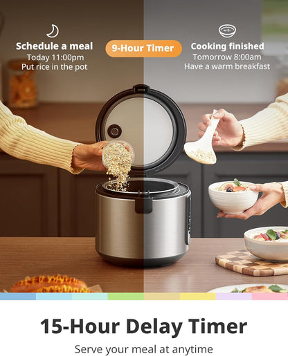 COMFEE' Compact Rice Cooker, 6-in-1 Stainless Steel Multi Cooker, Slow Cooker, Steamer, Saute, and Warmer, 2 QT, 8 Cups Cooked(4 Cups Uncooked), Brown Rice, Quinoa and Oatmeal, 6 One-Touch Programs
