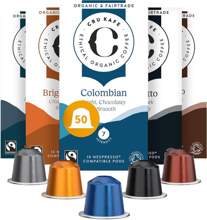 CRU Kafe Discovery Set Organic Coffee Pod, 50 Pods (5 Packs of 10 Coffee Capsules) Compatible with Nespresso OriginalLine