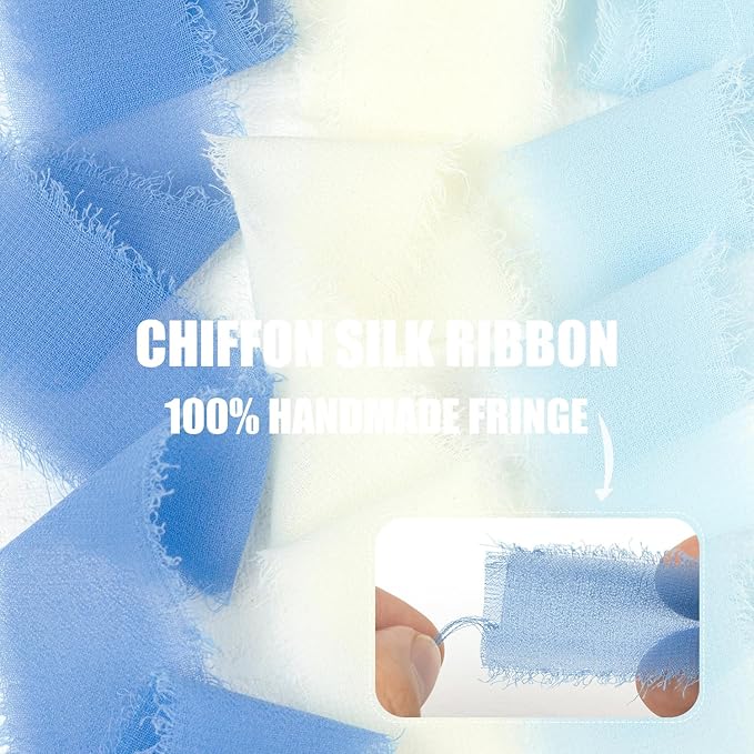 Blue Chiffon Ribbon 1 Inch x 21Yds Handmade Fringe Chiffon Silk Ribbon Blue & Cream Frayed Chiffon Ribbon for Baby Shower Wedding Invitation Flower Bouquets Gift Wrapping