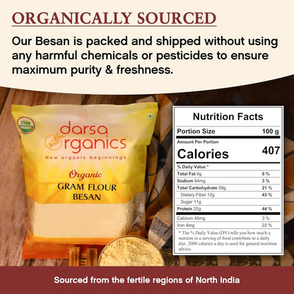Darsa Organics Gram Flour - 2 lb Besan Flour, USDA Organic, Chemical Free, Non-GMO, Kosher, Premium Chickpea Flour for Cooking & Skin Care, Ideal for Gluten Free Diets & Face Masks