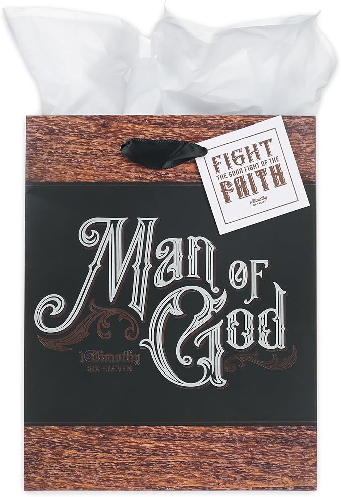 Christian Art Gifts Medium Portrait Scripture Gift Bag, Tag & Wrapping Tissue Paper Set for Men: Man of God, Matted, Satin Handles, Black/Brown/Silver