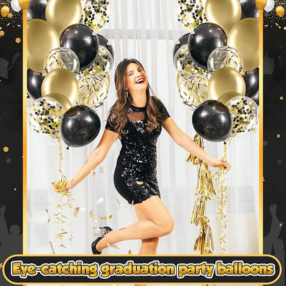 Sratte 60 Pcs 12 Inch Black Gold Balloons Kit Halloween Decorations Confetti Latex Metallic Balloons with 2 Rolls Ribbon Party Favor for Memorial Day, Birthdays
