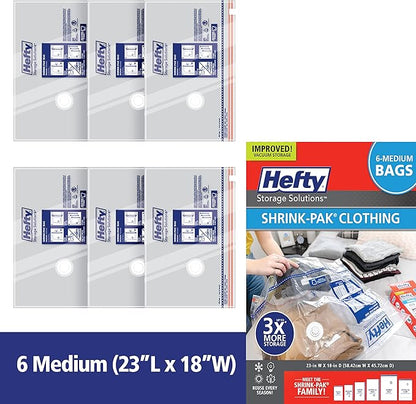Hefty Shrink-Pak Vacuum Storage Bags - Space Saver for Under Bed Storage, Clothing and Comforters, 3X More Storage Space, 6 Medium Zipper Bags