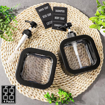 Segbeauty 16.9oz Black Hand Soap Dispenser, 4Pcs Leak-Proof Bathroom Hand Soap Dispensers, 500ml Dish Soap Dispenser for Kitchen Sink, Empty Refillable Plastic Conditioner Bottle with Pump and Labels