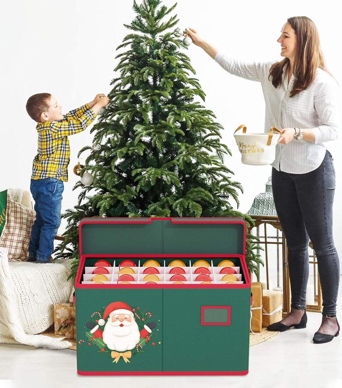 Christmas Ornament Storage Box Christmas Ornament Organizer Storage with Adjustable Dividers Fit 96 of 3 Inch 600D Oxford Fabric Ornaments Storage Container for Holiday Decorations