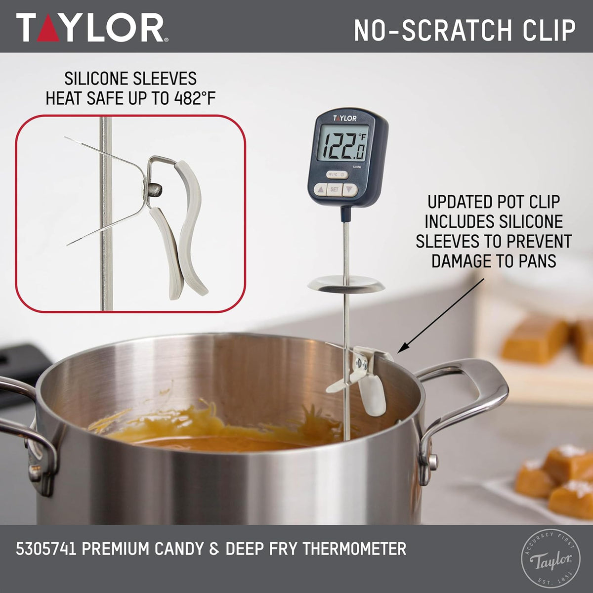 Taylor Digital Premium High Heat Resistant Candy Thermometer, Meat, Deep Fry, Brewing, and Craft Thermometer, with pan/Kettle Clip and Heat Shield