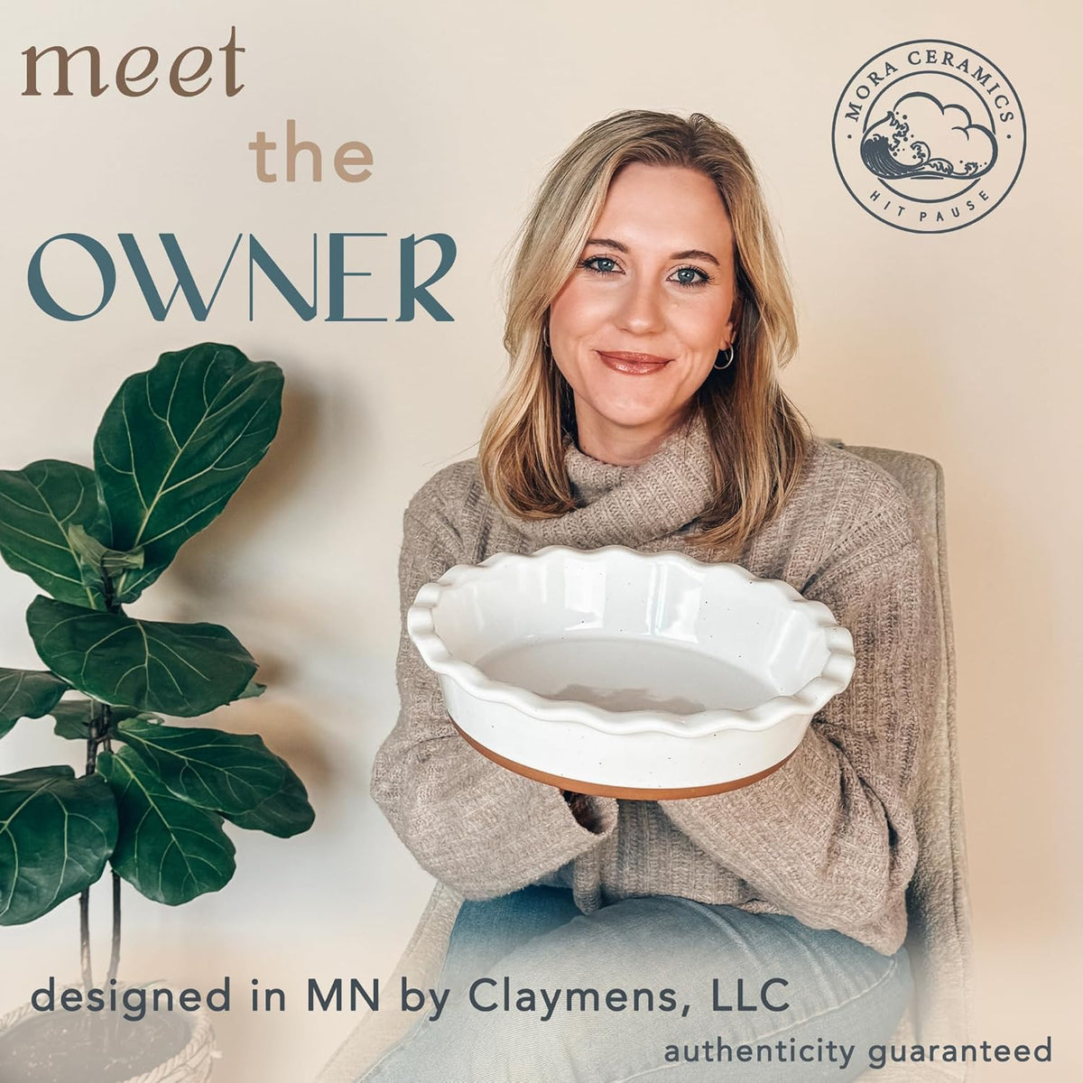 Mora Ceramic Deep Fluted Pie Dish for Baking - 9 inch Porcelain Pie Plate for Apple, Quiche, Pot Pies, Tart, etc. - Modern Farmhouse Style