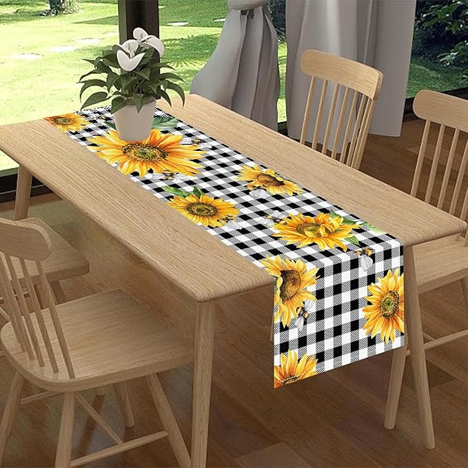 Sunflower Table Runner, Baffalo Plaid Summer Fall Yellow Florals Rustic Farmhouse Country Bumble Bee Coffee Table Center Decor for Home Kitchen Dining Patio Indoor Outdoor Decorations, 13"x36" Inch