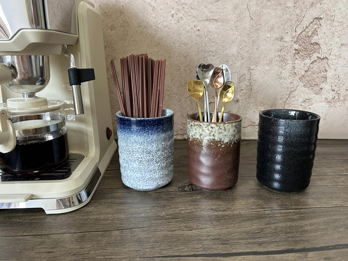 Stoneware Coffee Bar Utensil Holder Tea & Coffee Spoon & Stirrer Holder for Stir Stick Straw Teaspoon Holder Spoon Cup Small Utensil Jar (Retro Rustic Brown)