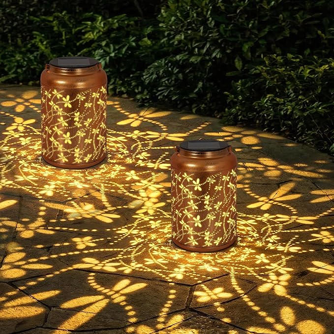 Solar Lantern Outdoor Waterproof, Gifts for Women Mom Grandma, Hanging Metal Light Dragonfly Garden Decor for Yard Patio Lawn