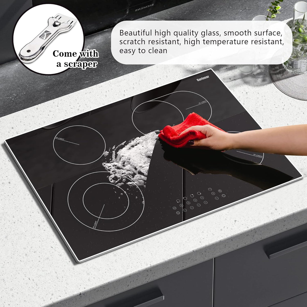 Karinear 30 Inch Electric Cooktop 4 Burners, Built-in Electric Stove top with Glass Protection Metal Frame, Expandable Burners, Multi-function Ceramic Cooktop, 220-240v Hard Wire, No Plug