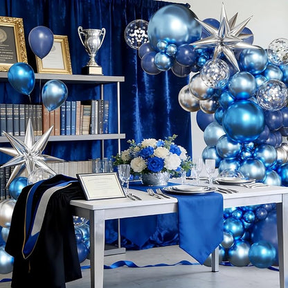 Blue Silver Balloon Arch Kit, 130Pcs Navy Blue Metallic Blue Silver Balloons with Foil Star Confetti Balloons for College High School Graduation Decorations Class of 2026