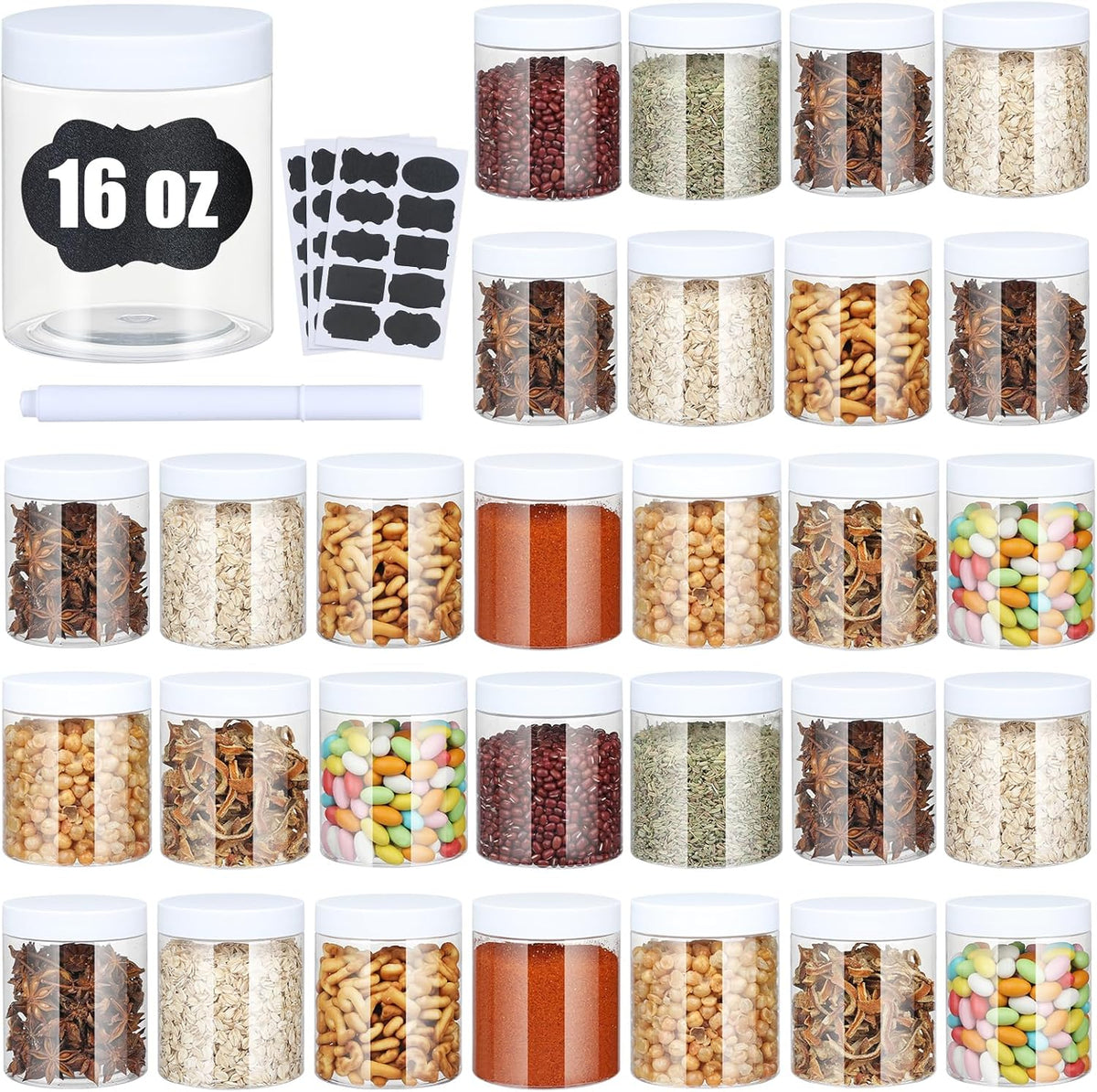 Plastic Jars with Lids,Airtight Container Ideal For Dry Food, Honey Jam, Peanut Butter,Cosmetics, Cream, Bathroom and Storage Included Extra Label and A Pen (30 PCS White Lids)