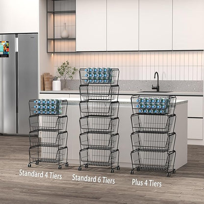 PUSDON 4-Tier Spacious Stackable Wire Storage Baskets with Wheels, Metal Rolling Utility Cart, Produce Basket for Pantry, Bathroom Organizer Shelf, Matte Black